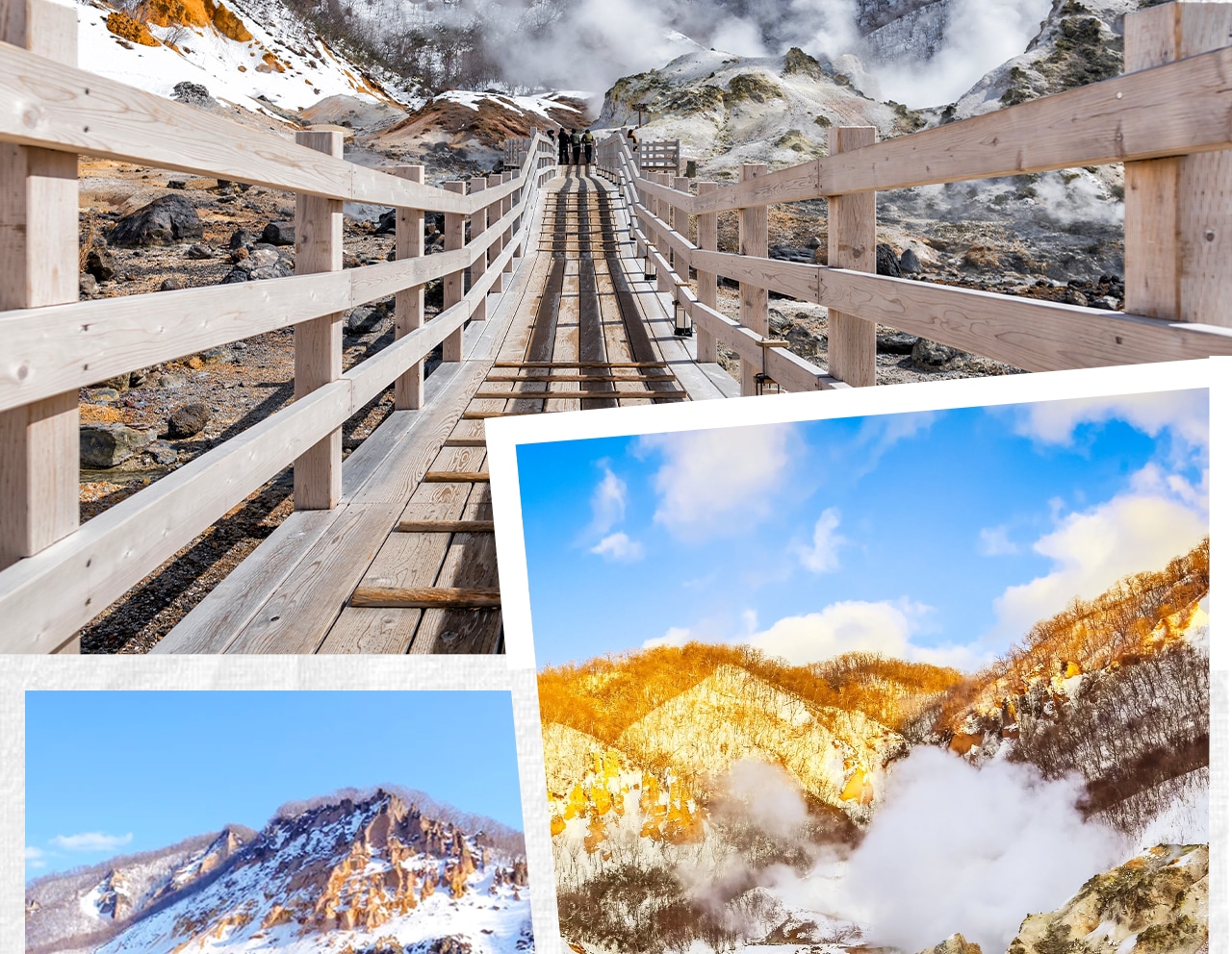 登別地獄谷以火山噴發形成的地貌與蒸騰硫菸聞名,冬日白雪覆蓋下呈現神秘震撼的景觀。 登別地獄谷以火山噴發形成的地貌與蒸騰硫菸聞名,冬日白雪覆蓋下呈現神秘震撼的景觀。