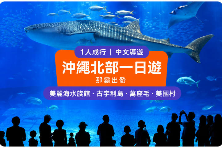（沖繩No.1人氣北部一日遊）中文導遊・含門票・1人成團：美麗海水族館・萬座毛・古宇利島・美國村