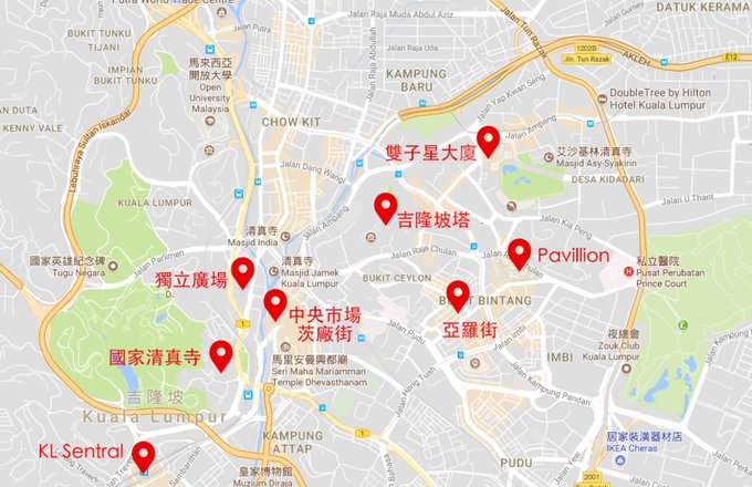 吉隆坡景點 ：相對位置與距離