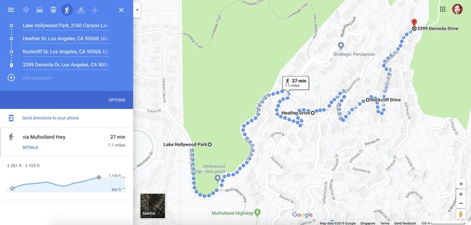 Google Map path to the Hollywood Sign