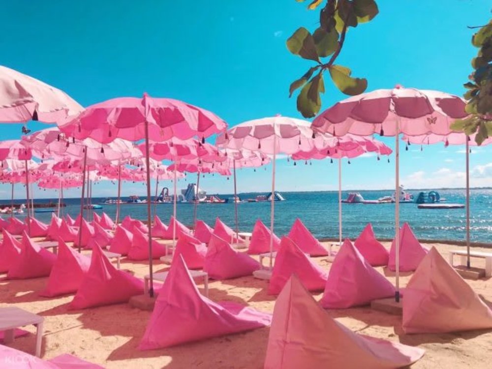 pink bali lounge happy jungle lounge pink bean bags umbrella beach sea sand