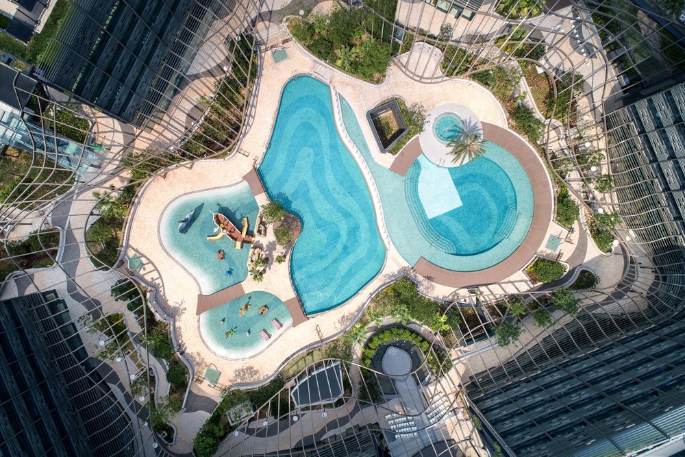 aerial view of two pools at ocean park marriott hotel