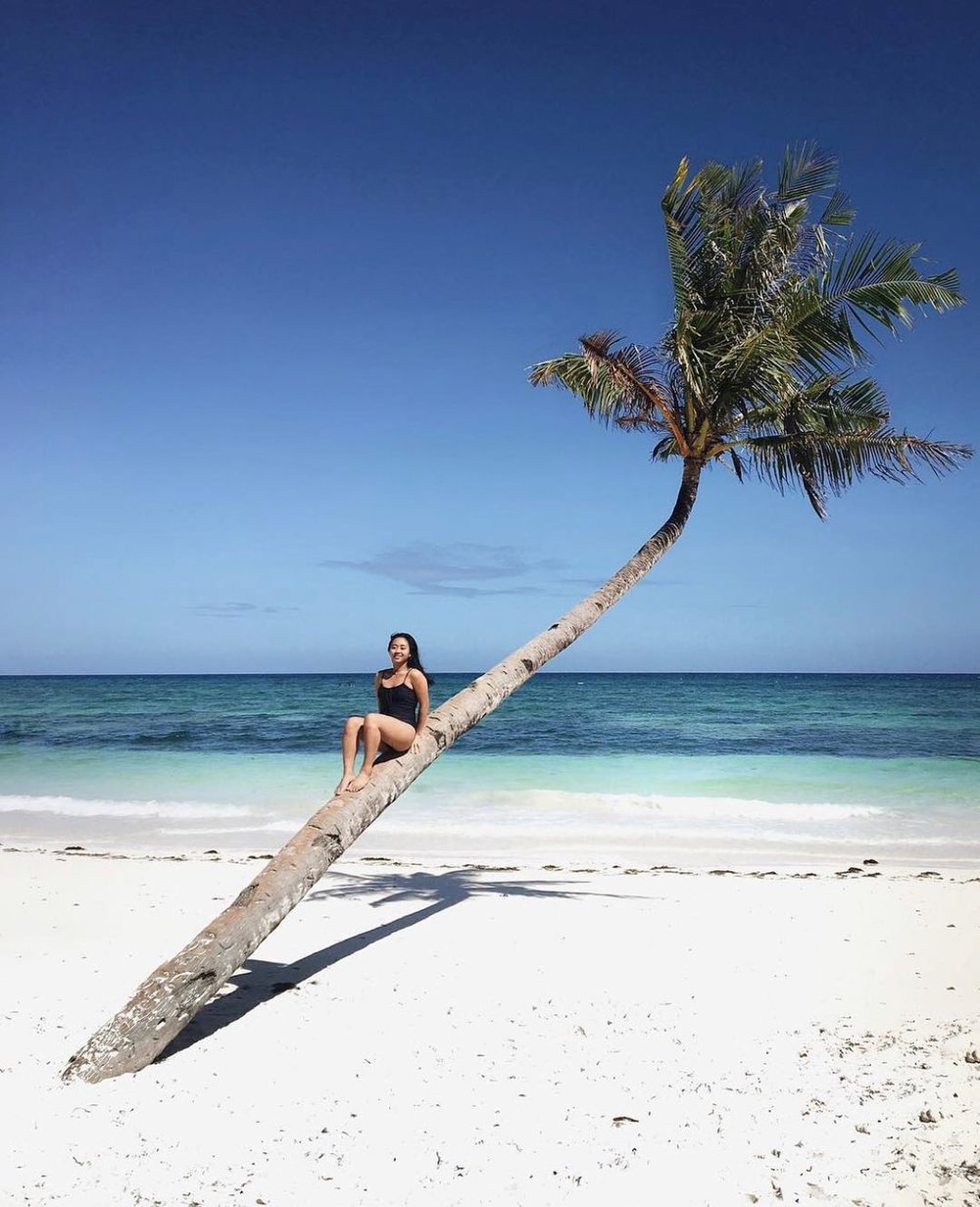 girl on coconut tree on carabao island