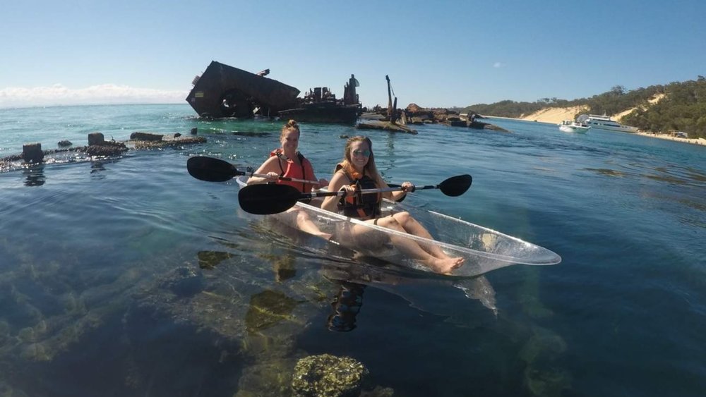 Have an unobstructed view of Tangalooma on a transparent kayak!