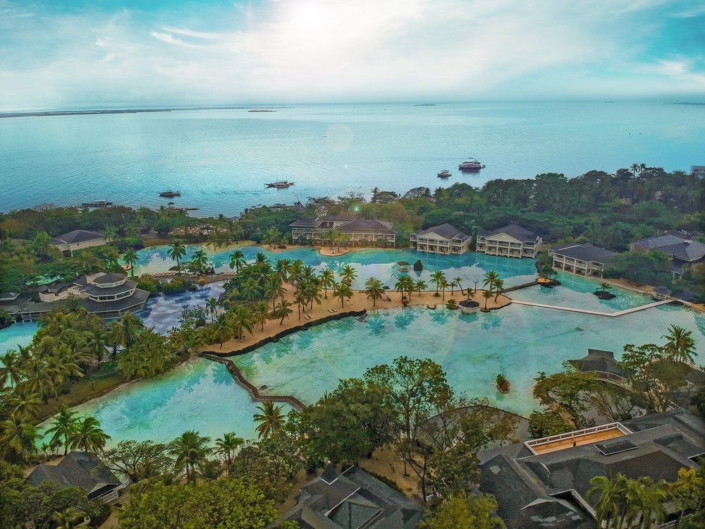 drone shot of resort lagoon