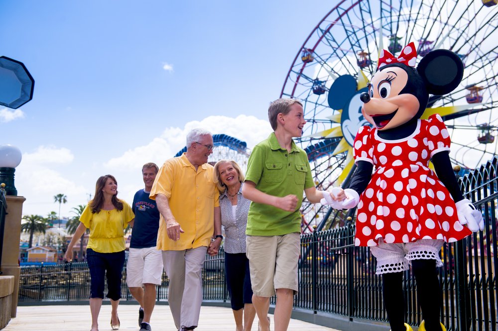 visitors and minnie mouse in california adventure and disneyland
