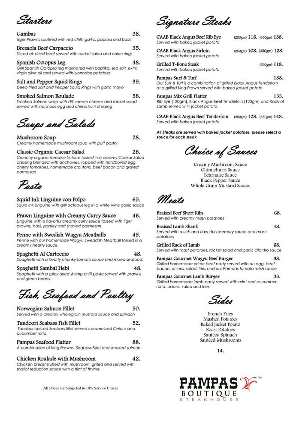 Pampas Boutique Steakhouse menu