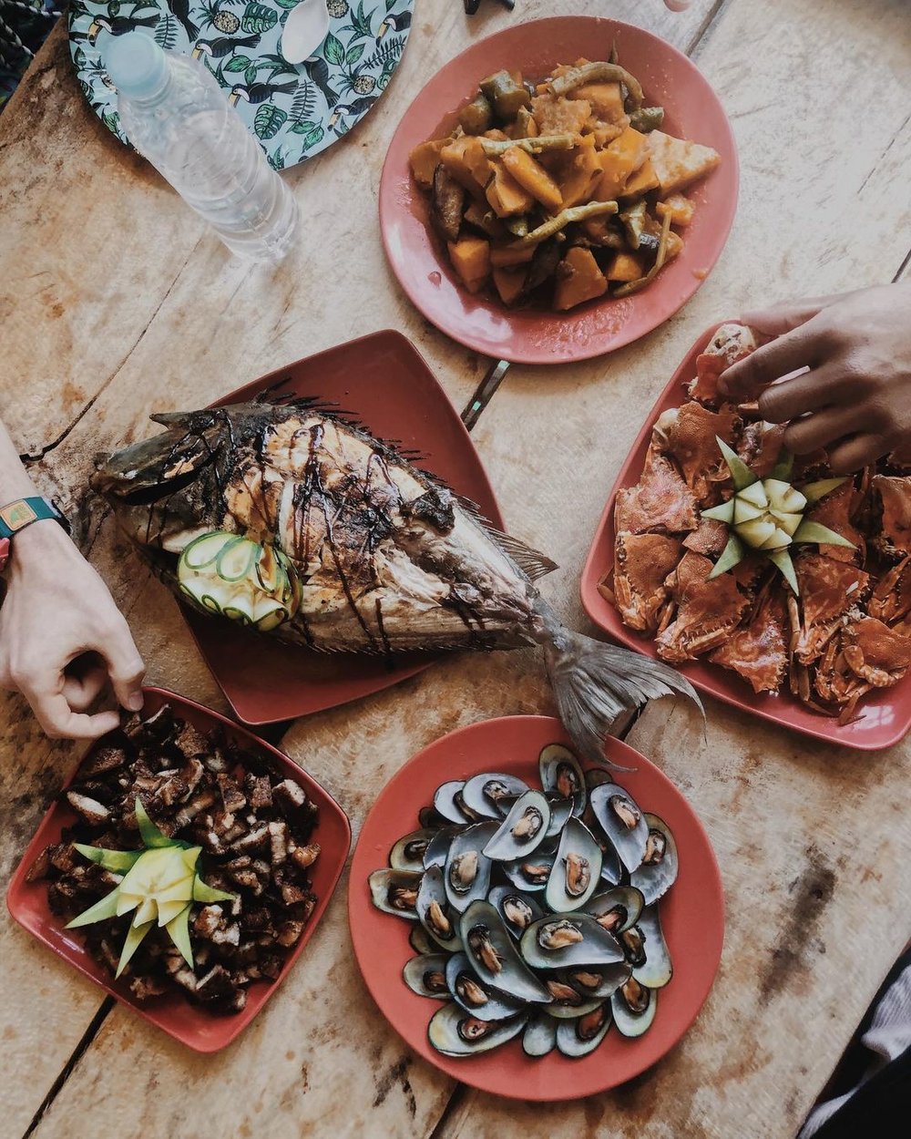 seafood lunch of fish, crabs and mussels