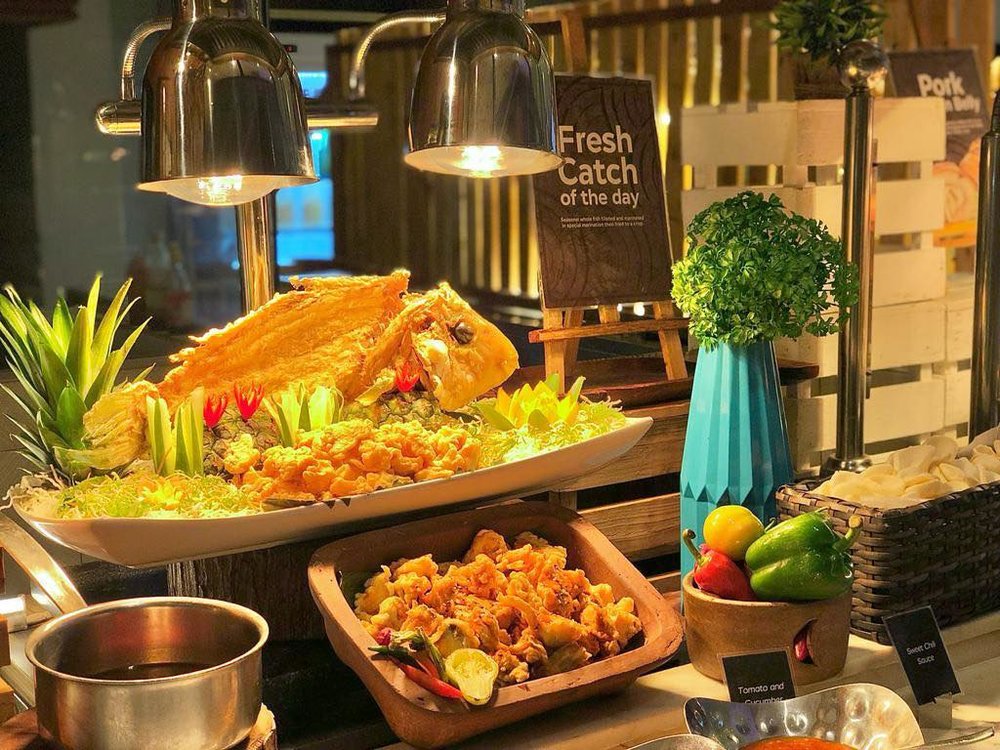 hotel buffet with fish and fried seafood