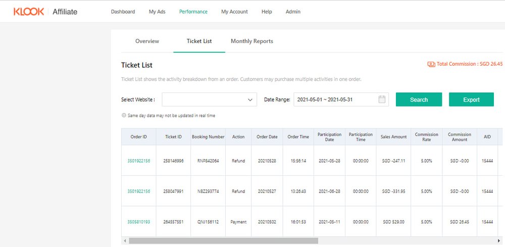 screenshot of klook affiliate portal