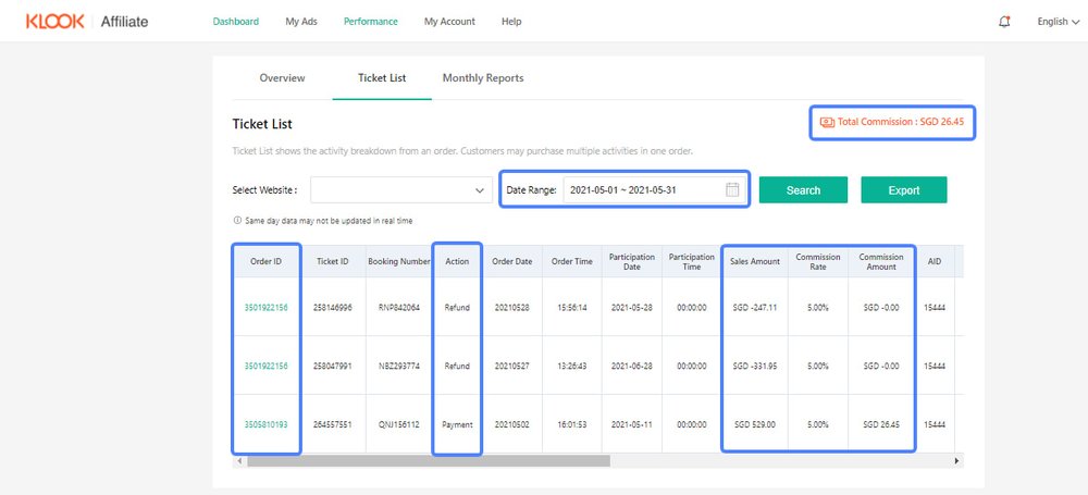 screenshot ticket list