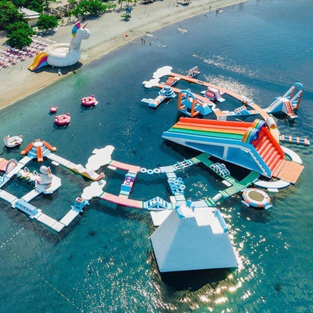 drone shot of inflatable water park