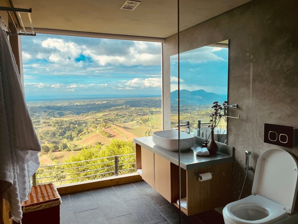 bathroom with glass window
