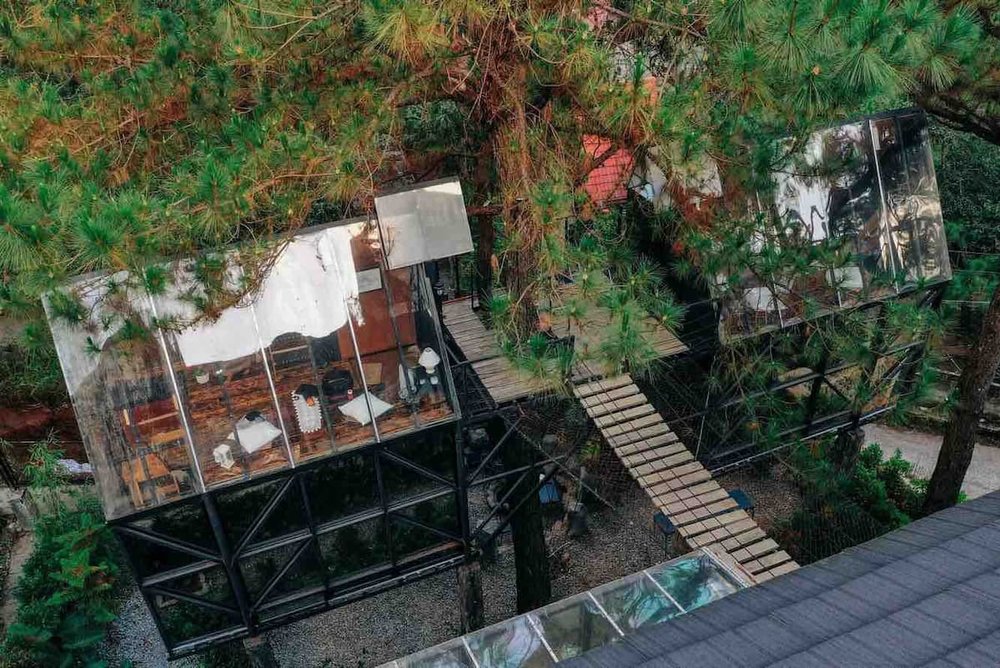 aerial view of house with glass roof pane