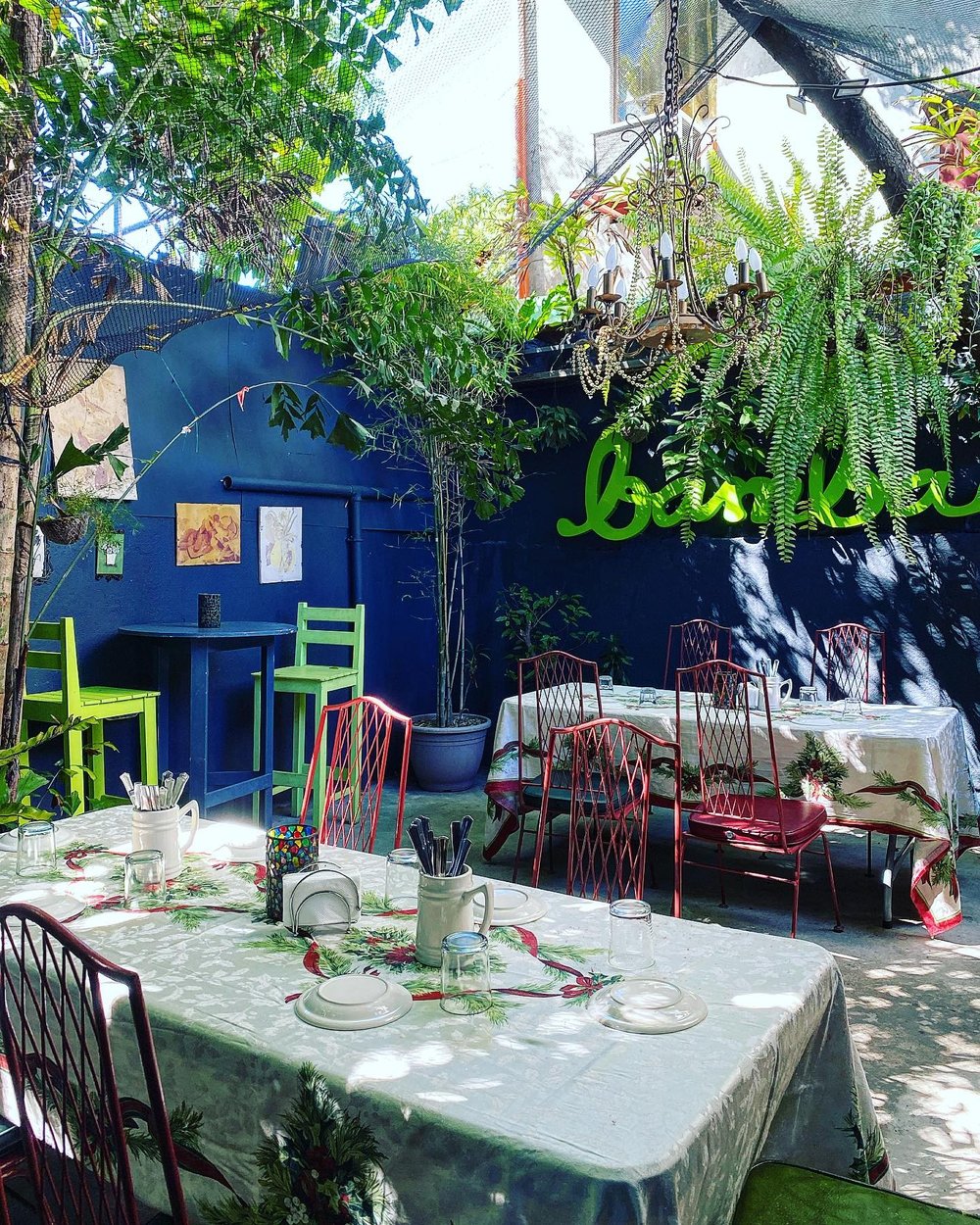 outdoor restaurant area with sign