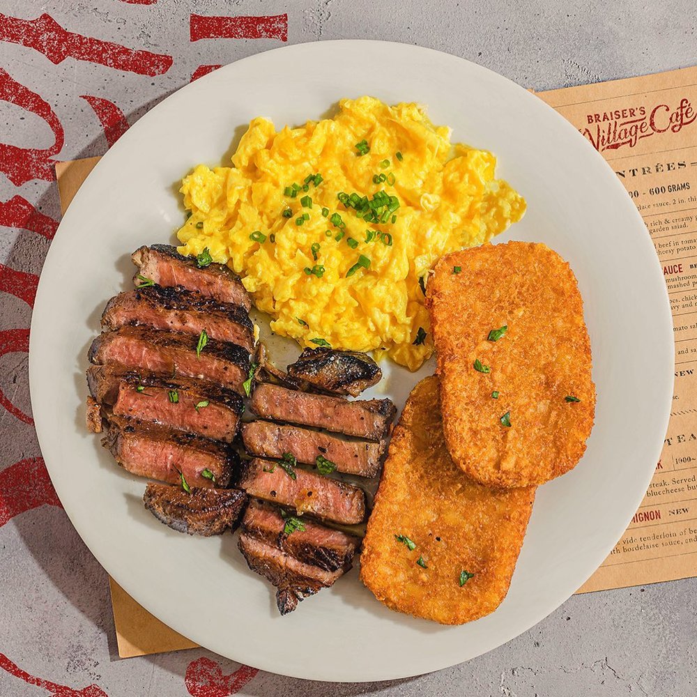 steak, eggs, and hashbrown on a plate