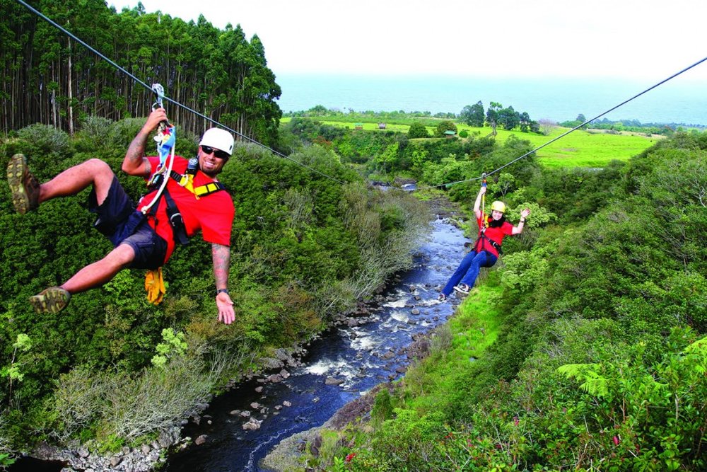 Tourists ziplining