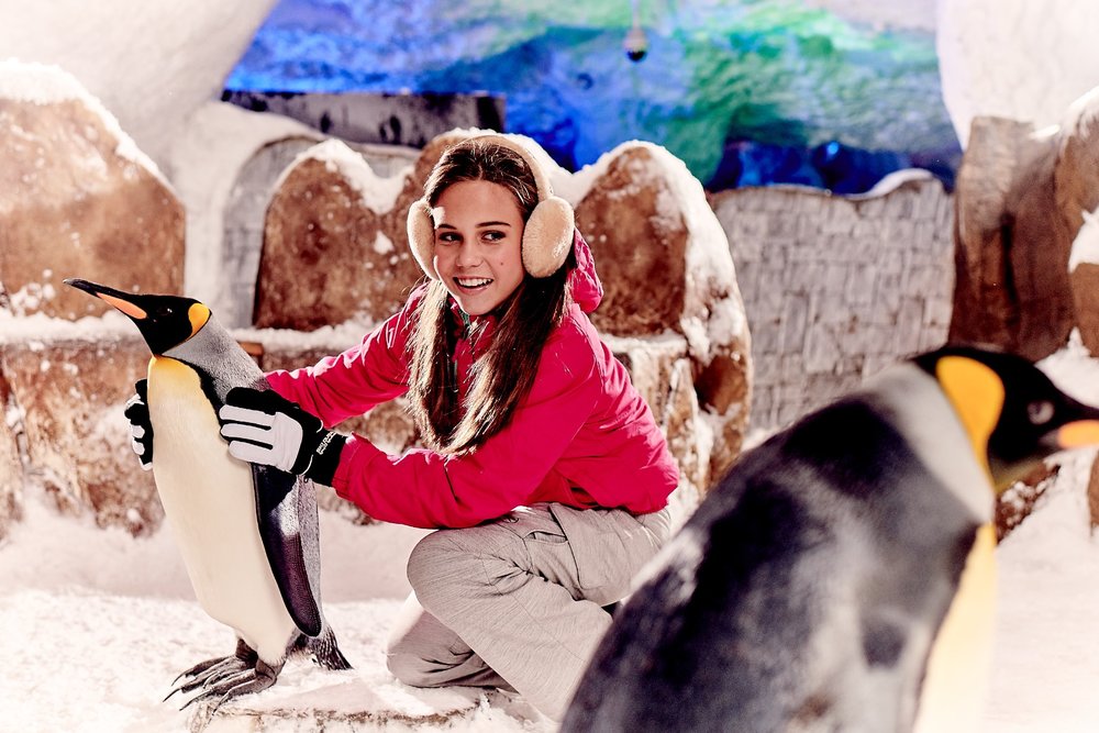 girl with penguins in ski dubai