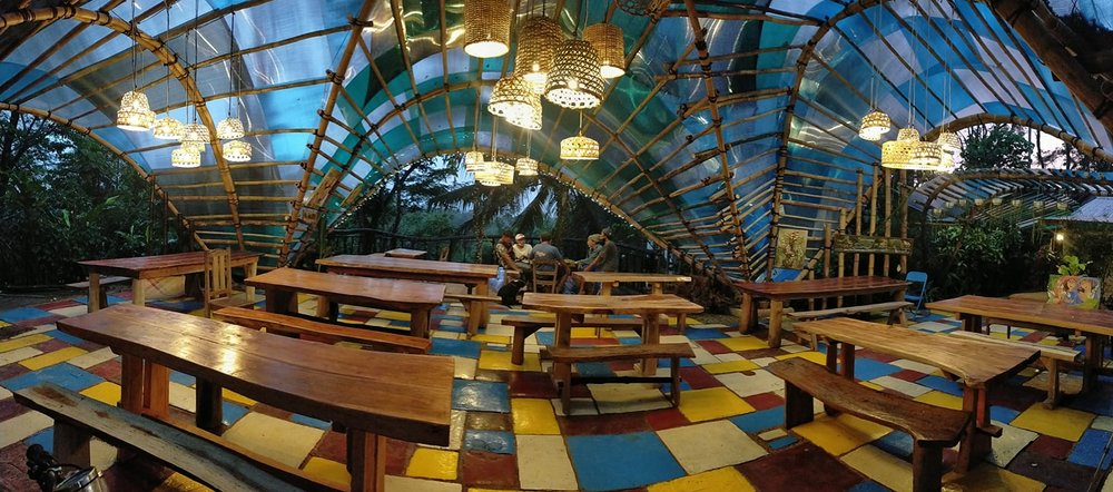 restaurant with colored checkered tiles