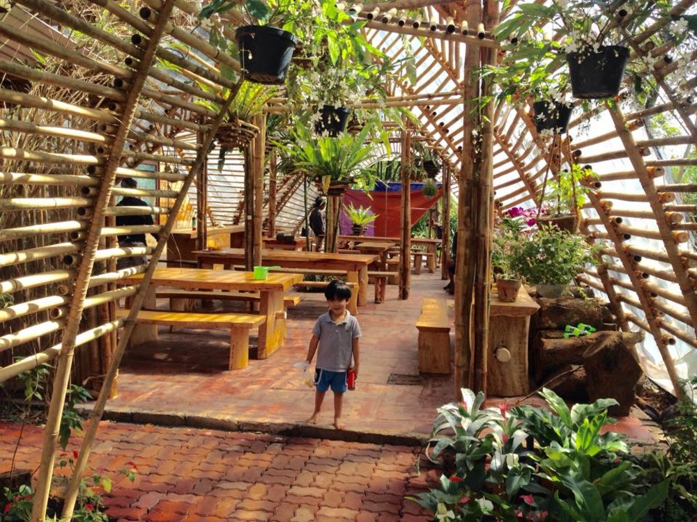 bamboo arc with boy under