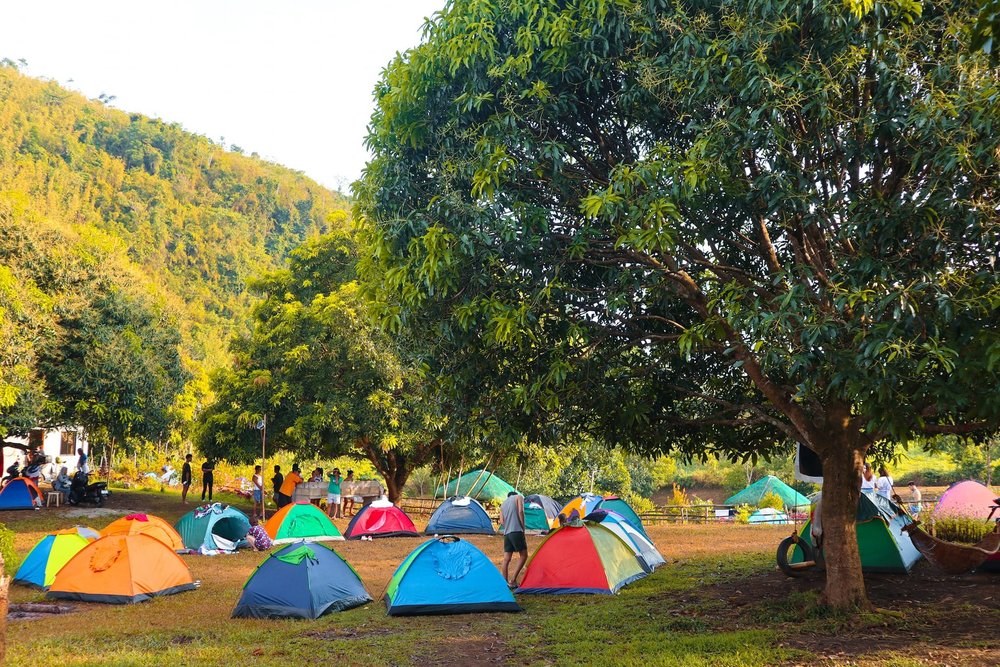 colorful tents by park area