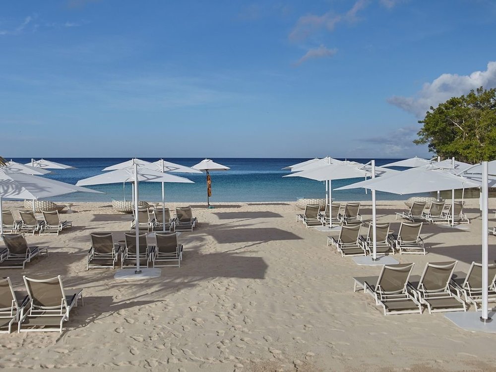 white beach chairs and umbrellas