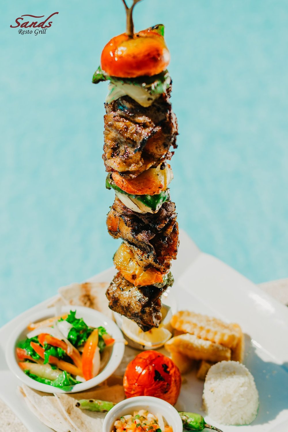 steel rod with kebab and vegetables