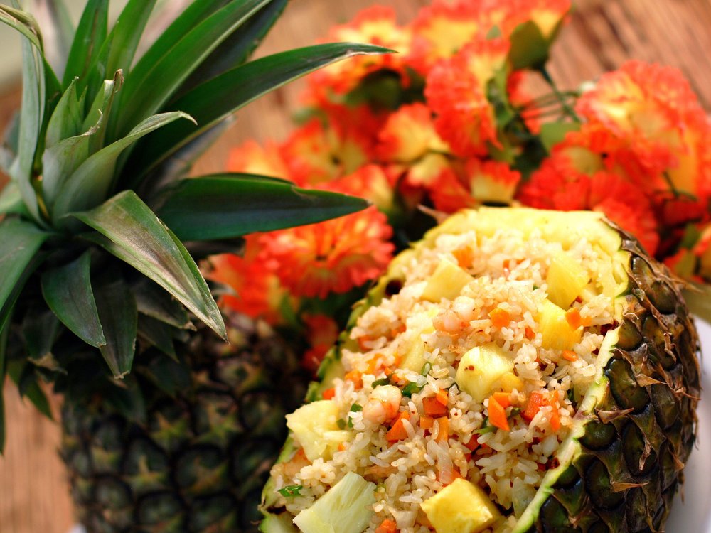 pineapple shell with wild rice inside