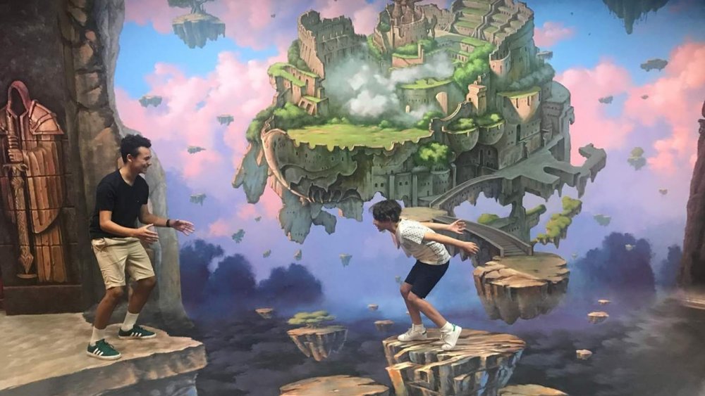 Step into floating rocks and cities—no safety gear required!