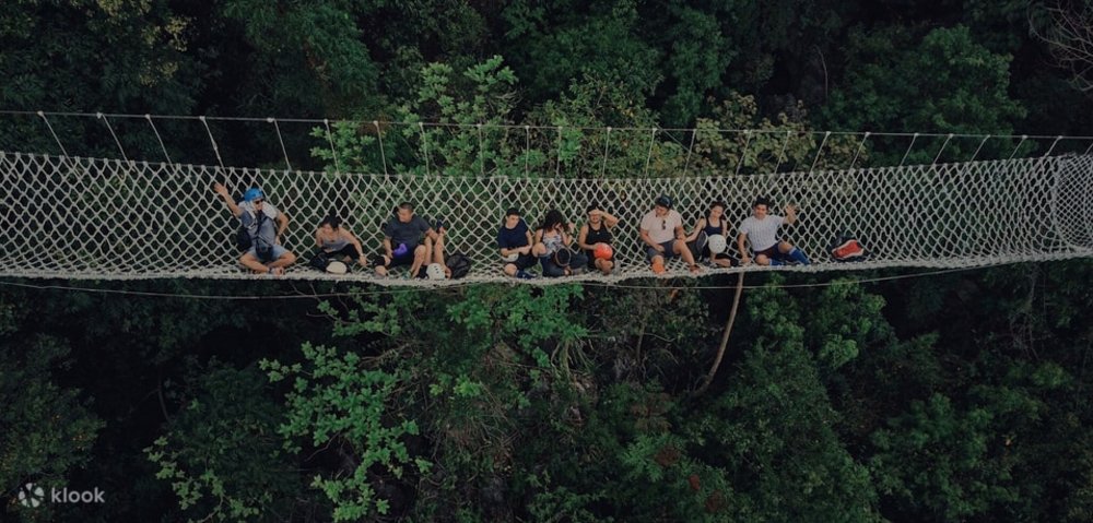 friends on net bridge by mountains