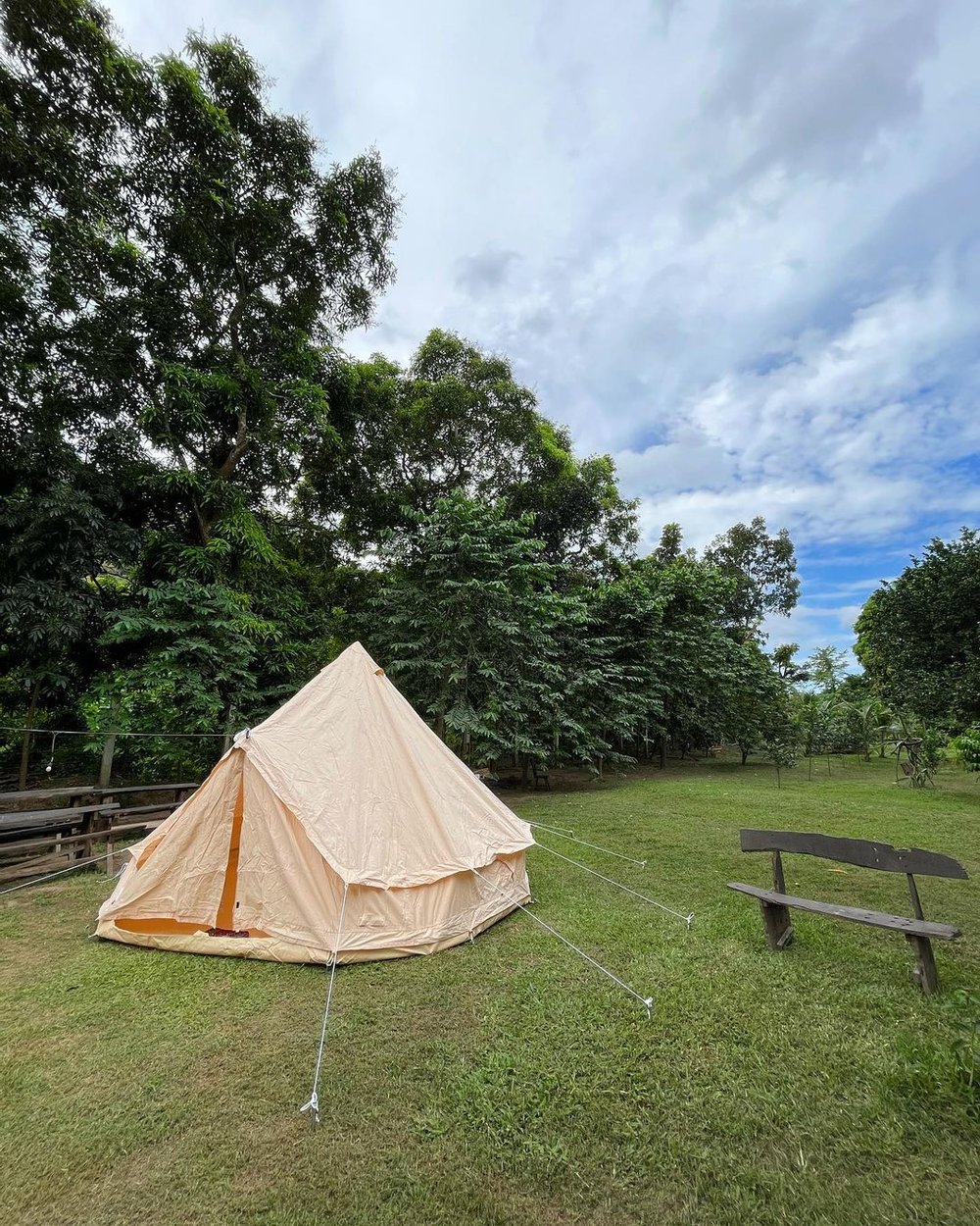 beige tent pitched in field