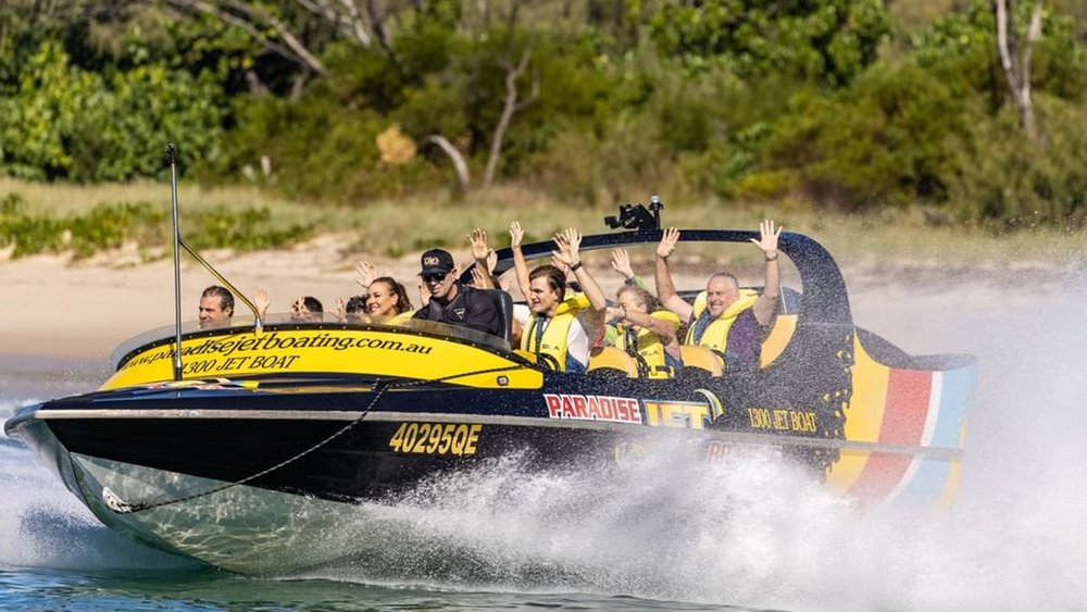 You can ride a jet boat at Moreton Bay Marine Park, where dolphins are usually spotted. ] [Image credits @paradisejetboating on Instagram