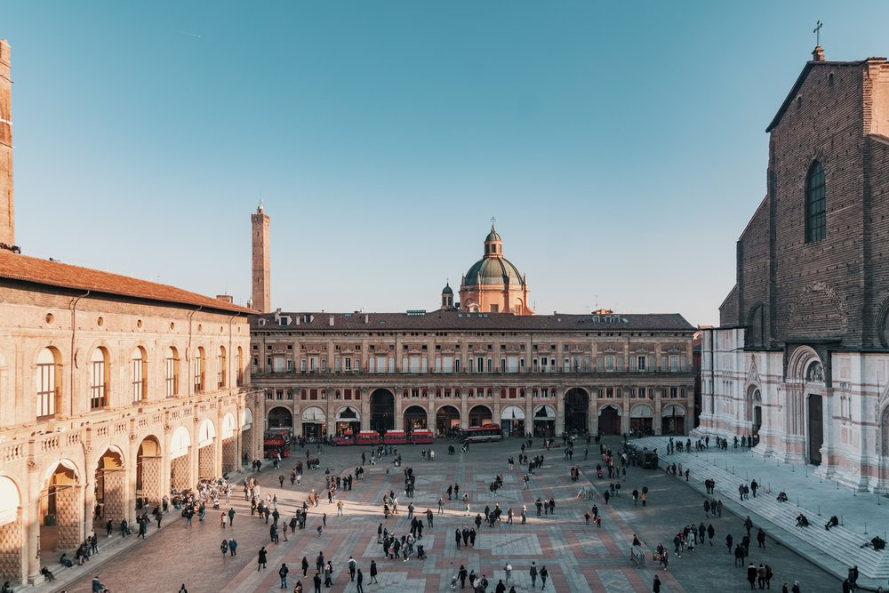 crowds at piazza maggiore at bologna italy