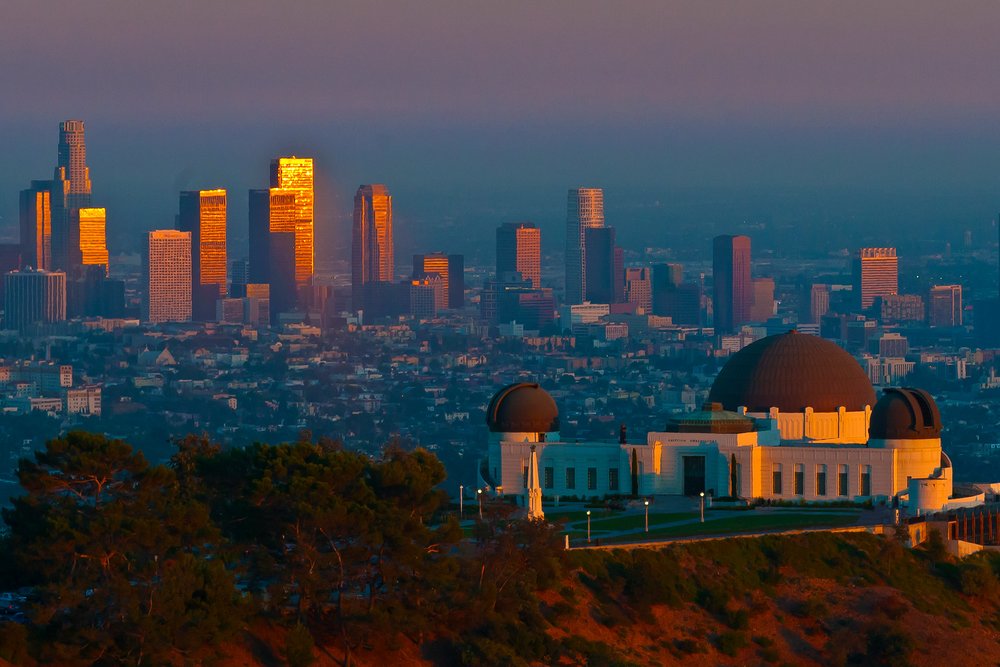 griffith observatory overlooking los angeles in sunset