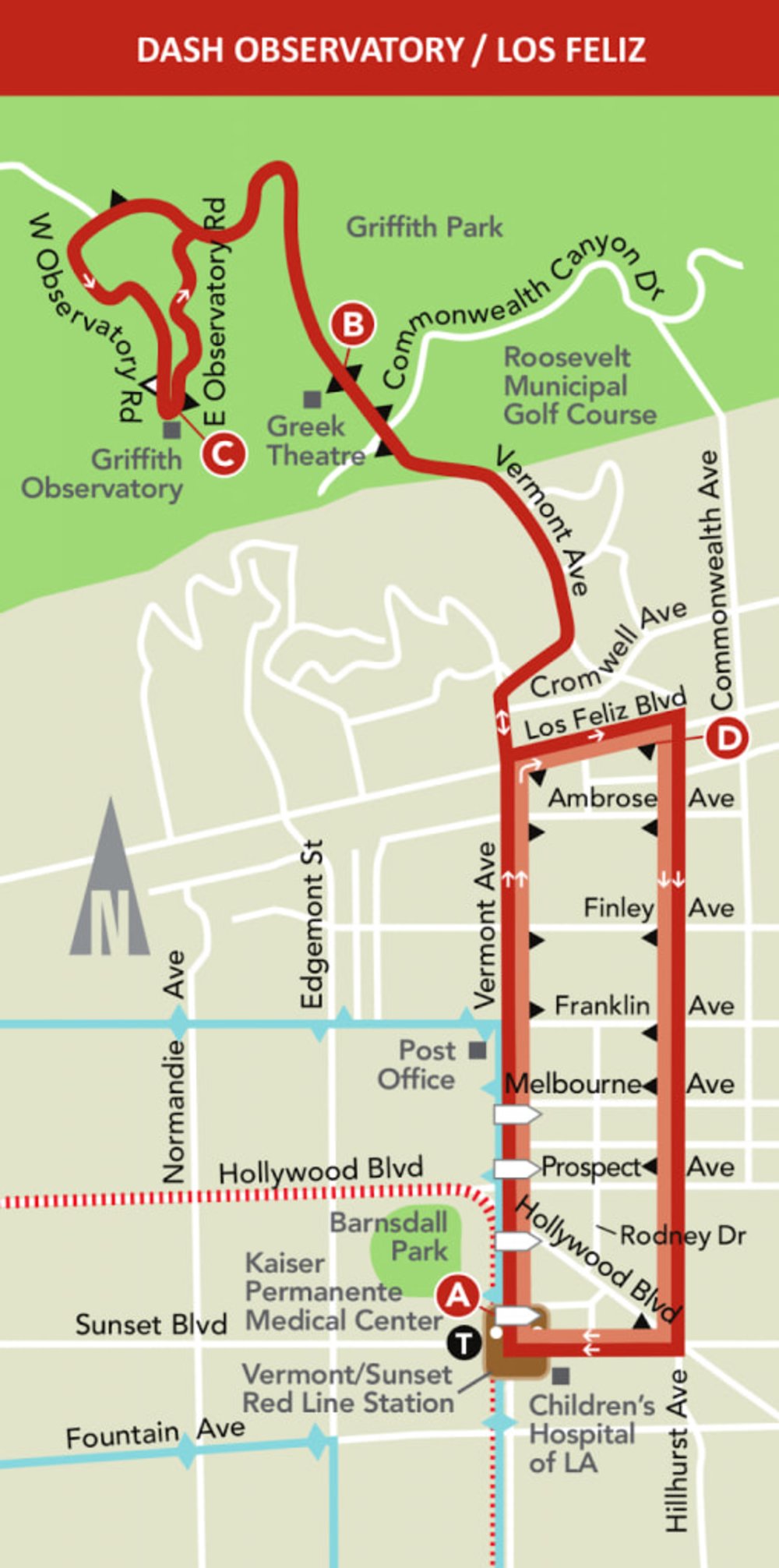 map to griffith observatory dash route stops