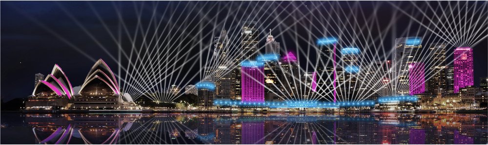 Be enthralled by a kaleidoscope of colourful lights that beam across the city skyline. Image credits: 'Our Connected City' Artists Impression by Mandylights