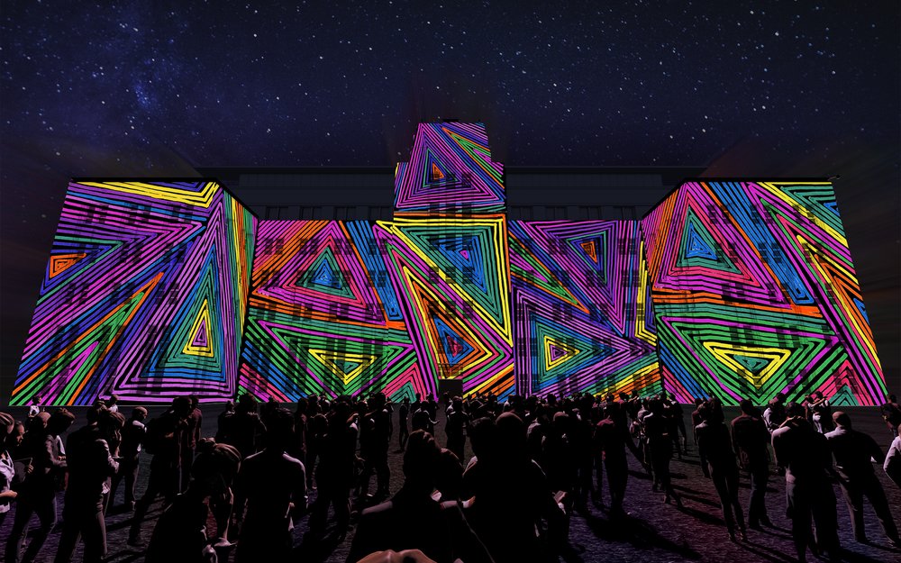 Rest your legs on the grass outside the MCA and marvel in an 8-minute visual journey through abstract projections. Image credit:  'New York Sunday' Artists Impression by Helen Eager, Julian Reinhold and Rico Reinhold