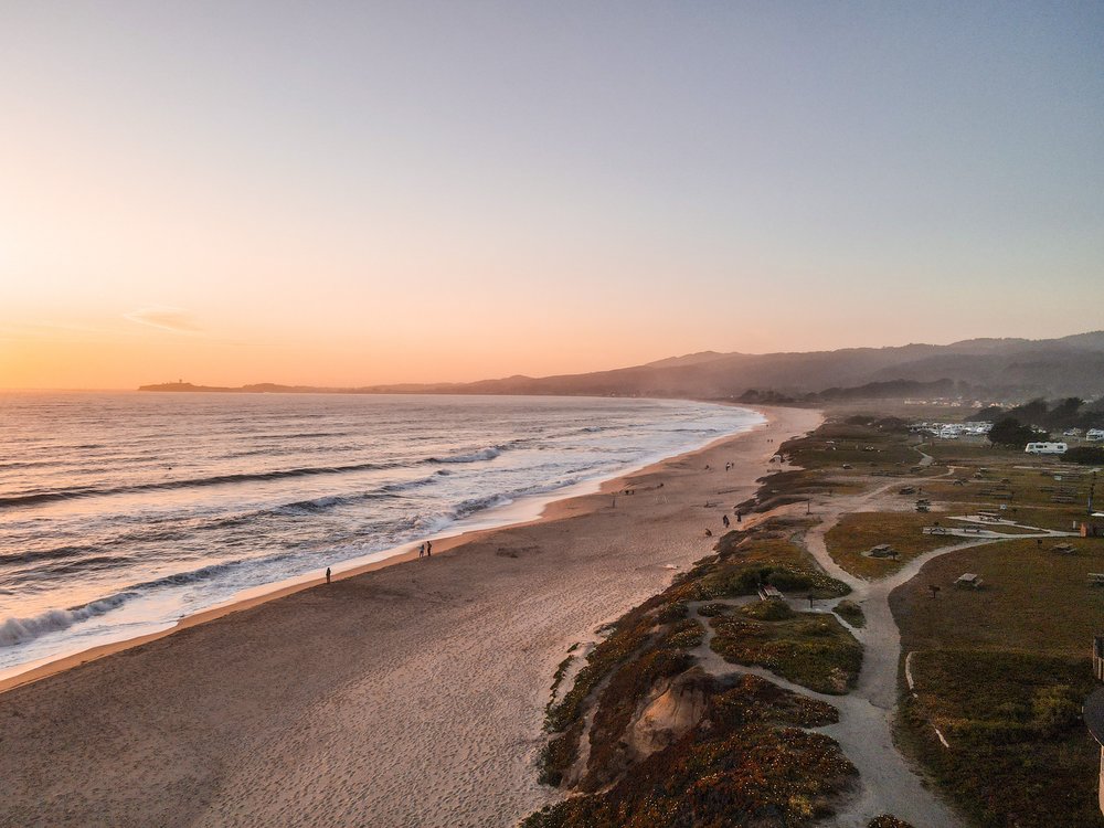 an aerial view of half moon bay in california