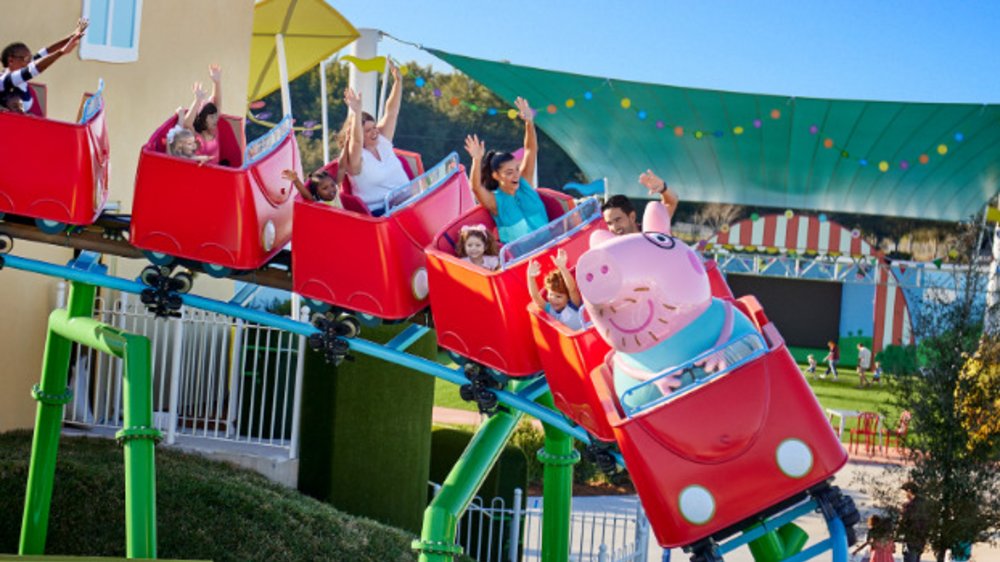 Daddy Pig is taking you on an exciting roller coaster ride in his newly cleaned red car