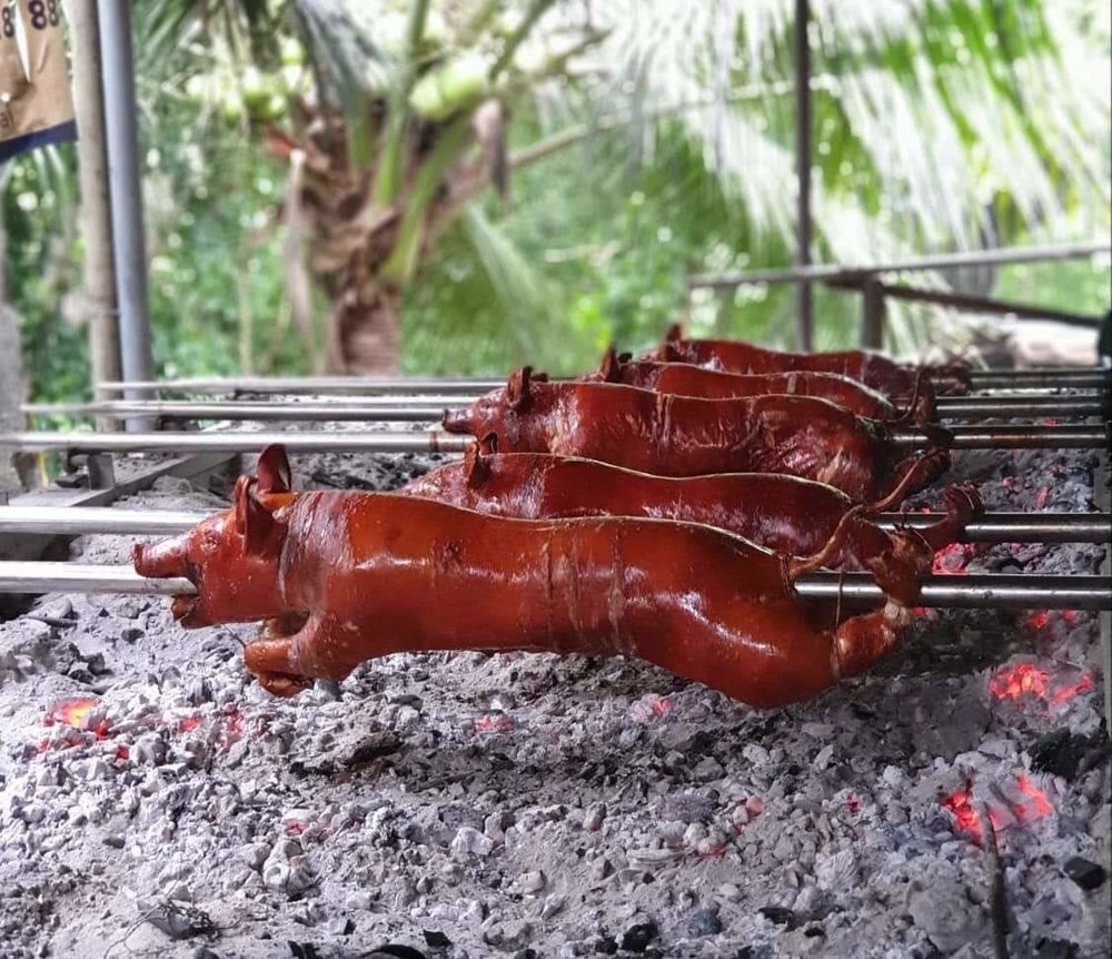 a line of roasted pig