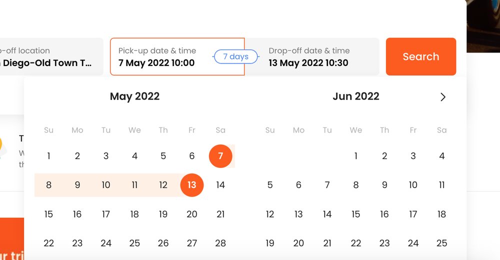 Klook car rental booking calendar section