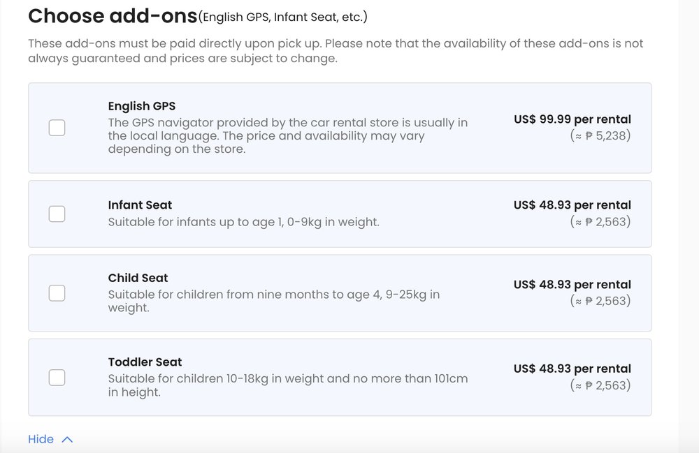 Klook car rental booking add-ons