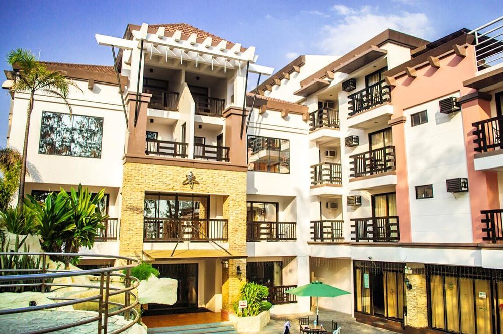 Hotel facade during sunset