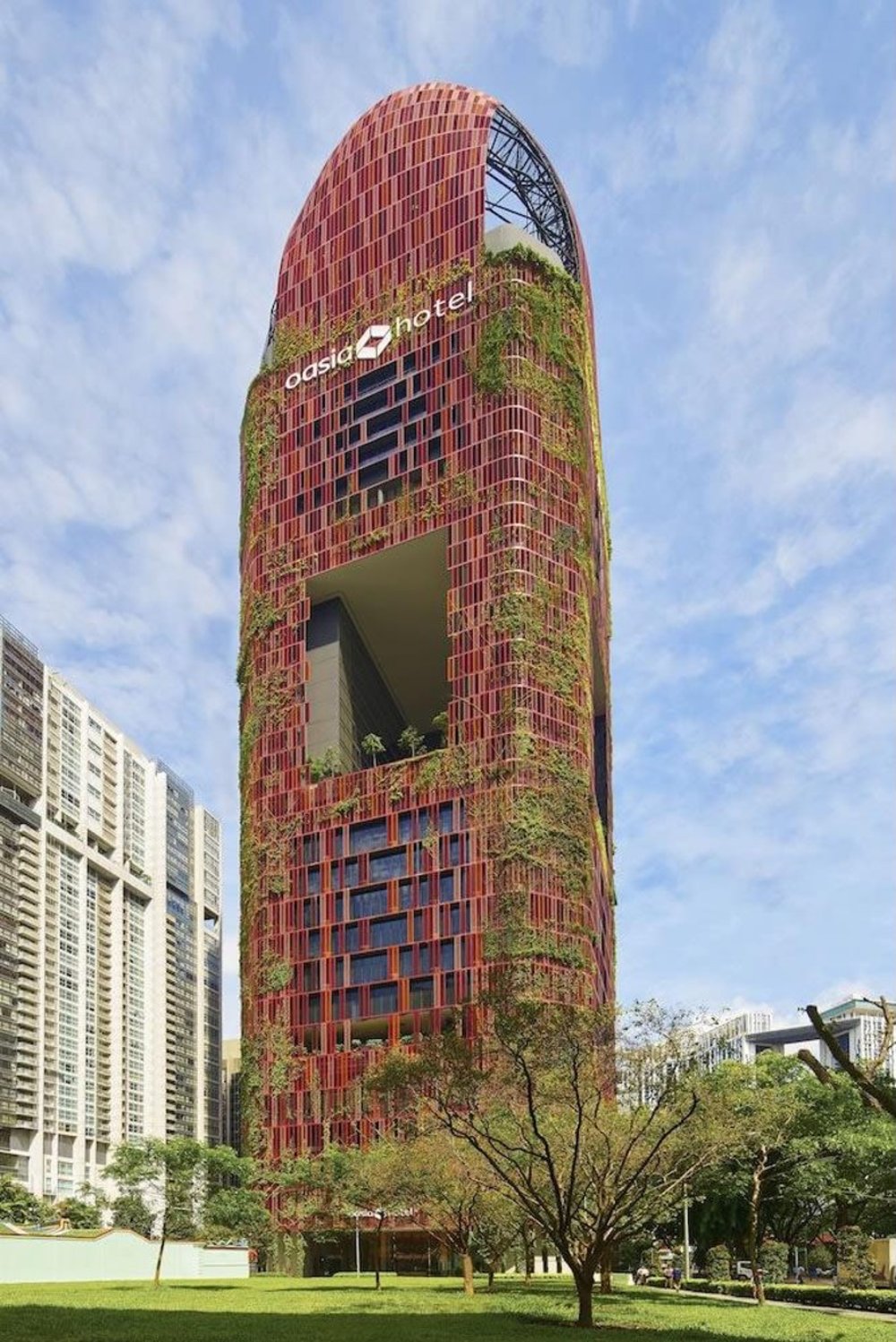 red tower full of plants