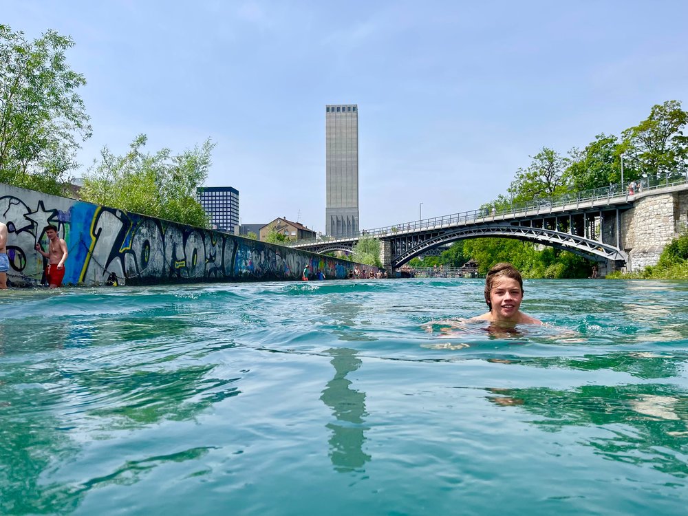 people swimming at Flussbad Oberer Letten Zurich Switzerland