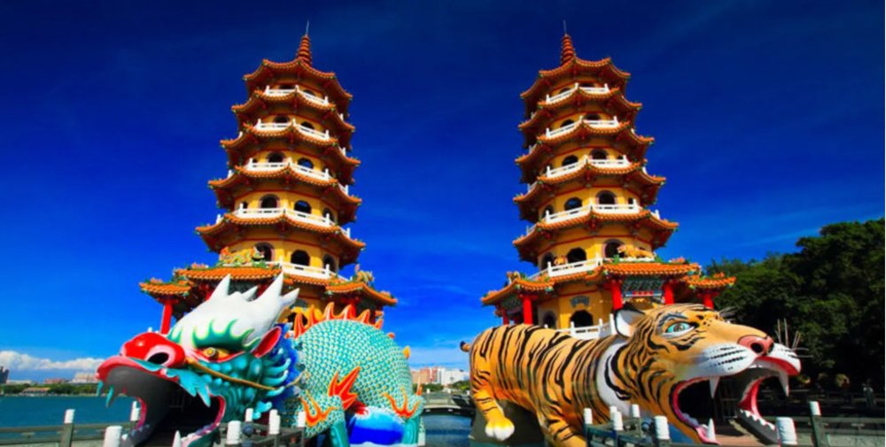 Dragon and Tiger with tower in the background