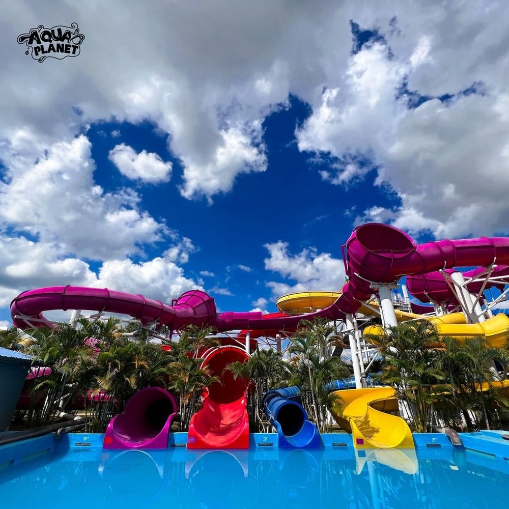 Long and colorful pool slides