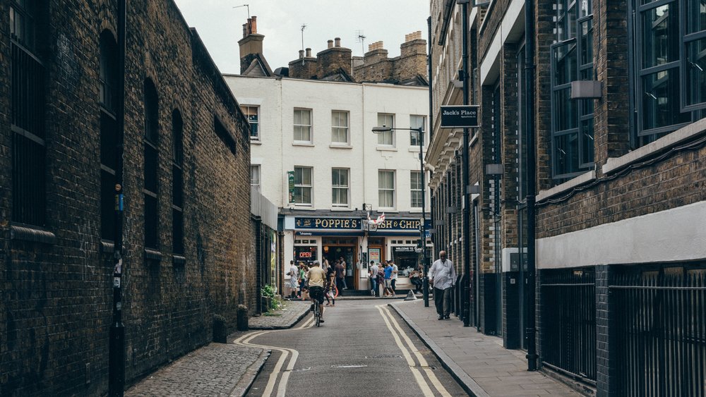 a street and a storefront at shoreditch london