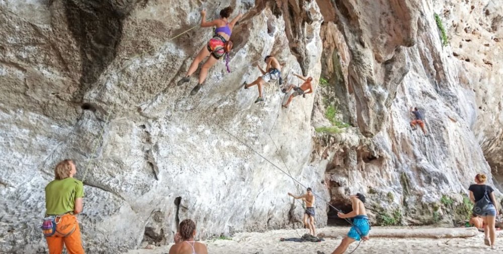 A group of tourist rock climbing