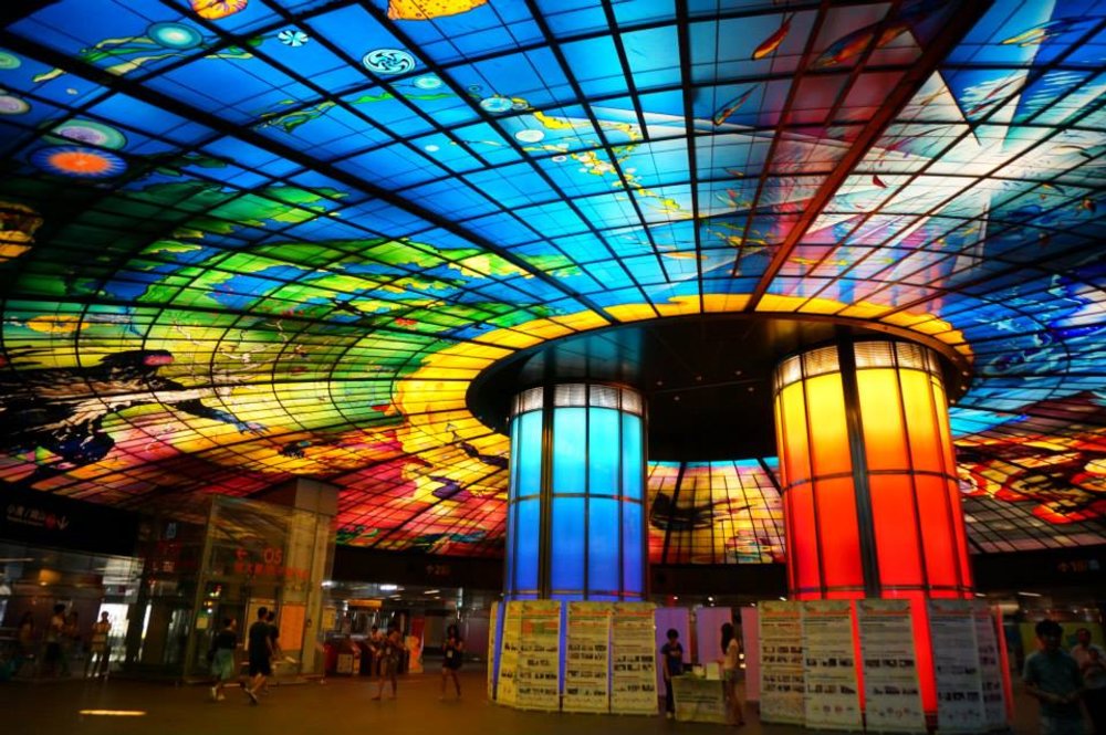 Colorful sttaion with vintage colored glass roof